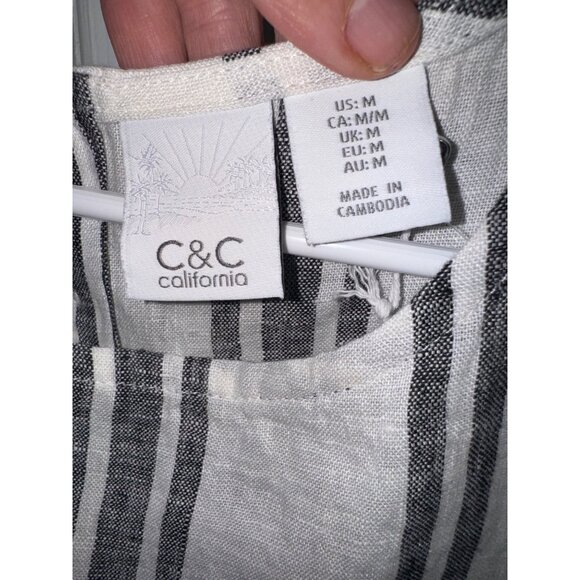 NWT C&C California Striped Linen Tank Top Button Back M Cream Black Stripe Money - Picture 5 of 7